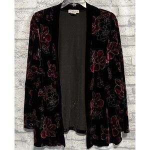 Notations Woman Open Front Cardigan Sweater 2X Black Red Floral Velour